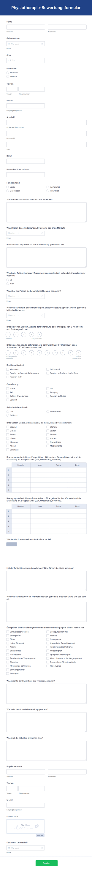 Physiotherapie Bewertungsformular