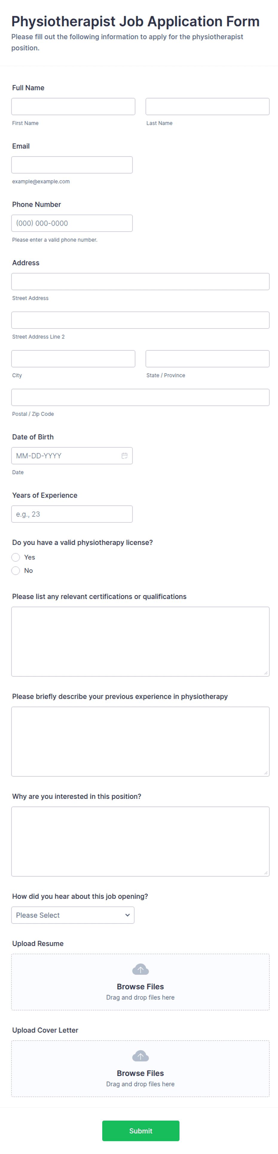 Physiotherapist Job Application Form Template | Jotform