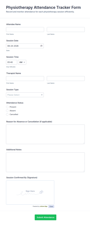 Physiotherapy Attendance Tracker Form Template