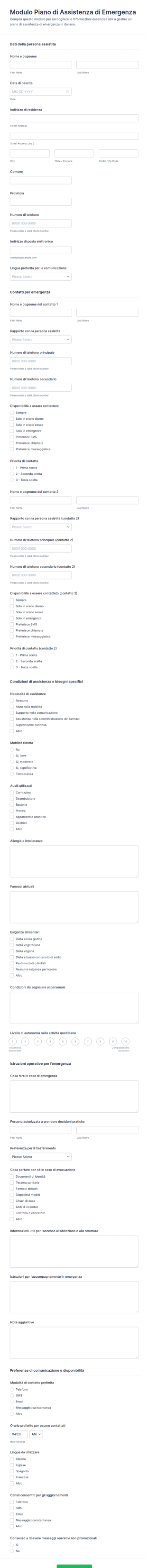 Piano Di Assistenza Di Emergenza Modulo