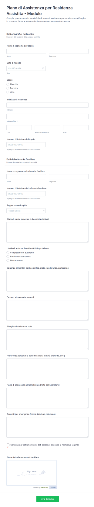 Piano Di Assistenza Per Residenza Assistita Modulo