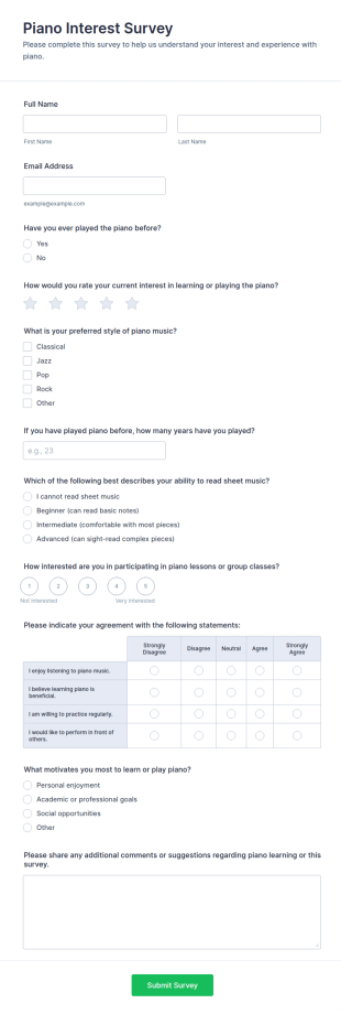 Piano Interest Survey Form Template
