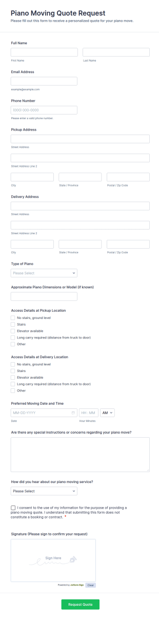 Piano Moving Quote Request Form Template