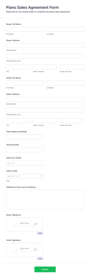 Piano Sales Agreement Form Template