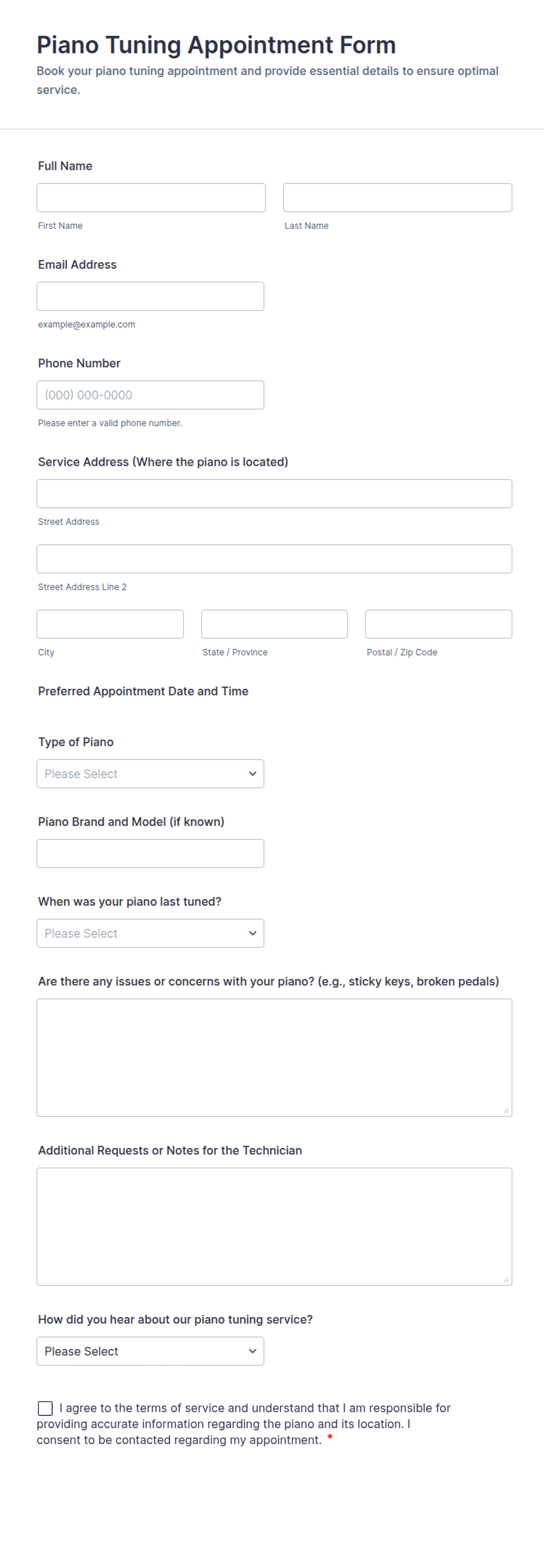 Piano Tuning Appointment Form Template | Jotform
