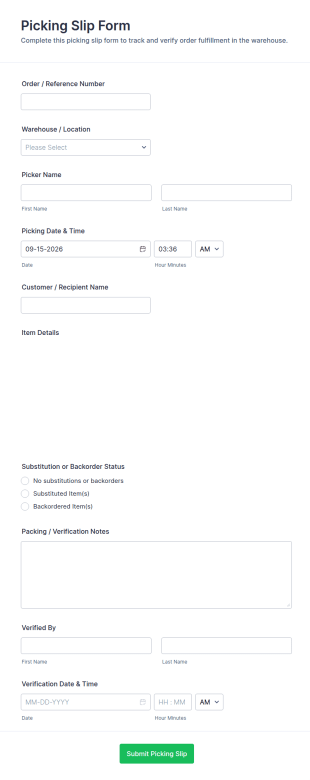 Picking Slip Form Template
