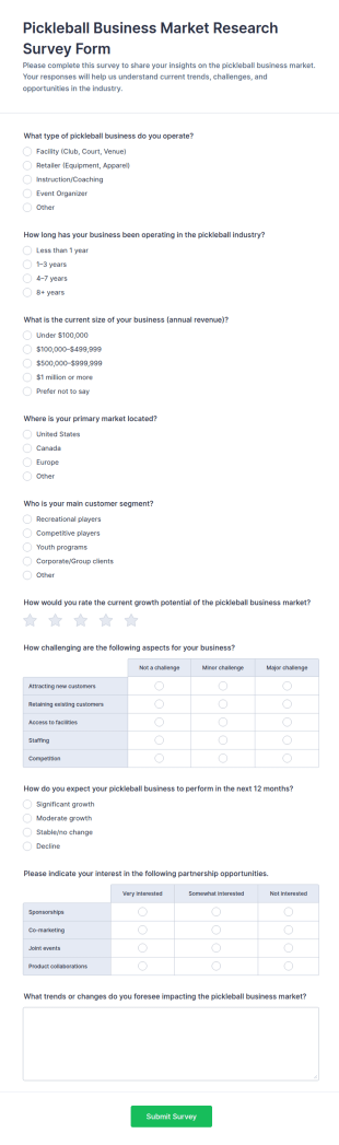 Pickleball Business Market Research Survey Form Template