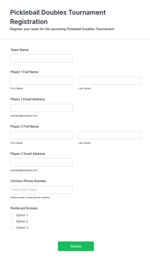 Pickleball Doubles Tournament Registration Form Template