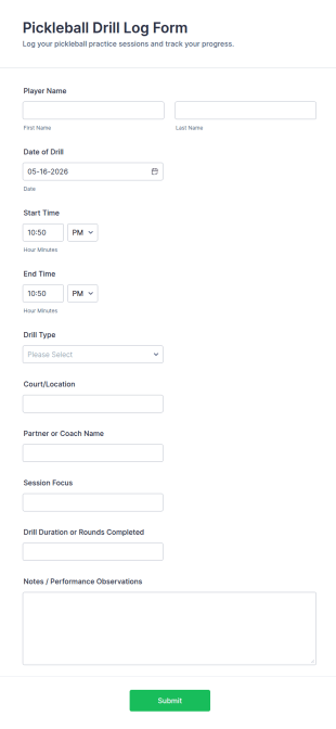 Pickleball Drill Log Form Template