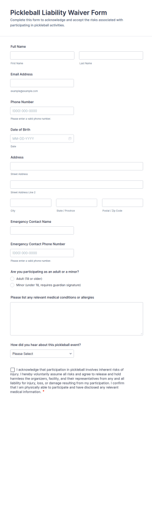 Pickleball Liability Waiver Form Template