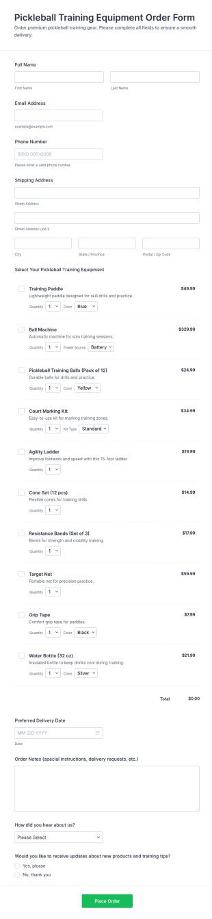 Pickleball Training Equipment Order Form Template