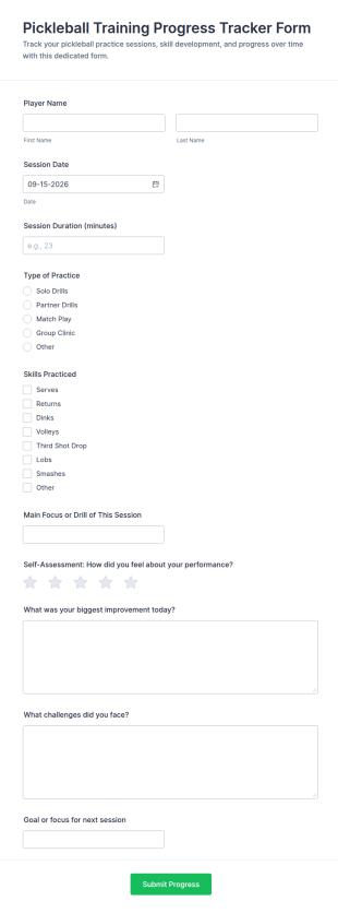 Pickleball Training Progress Tracker Form Template