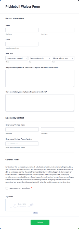 Pickleball Waiver Form Template