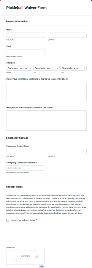 Pickleball Waiver Form Template