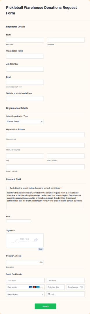 Pickleball Warehouse Donations Request Form Template