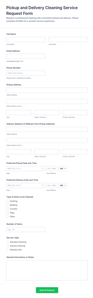 Pickup And Delivery Cleaning Service Request Form Template