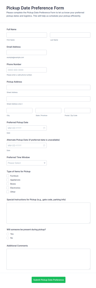 Pickup Date Preference Form Template