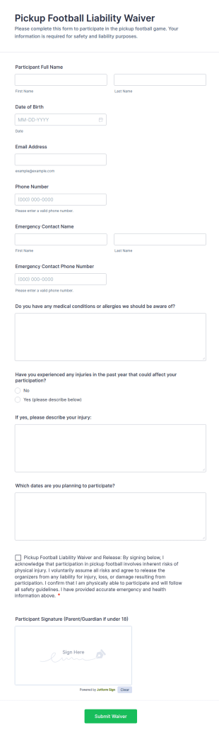 Pickup Football Liability Waiver Form Template