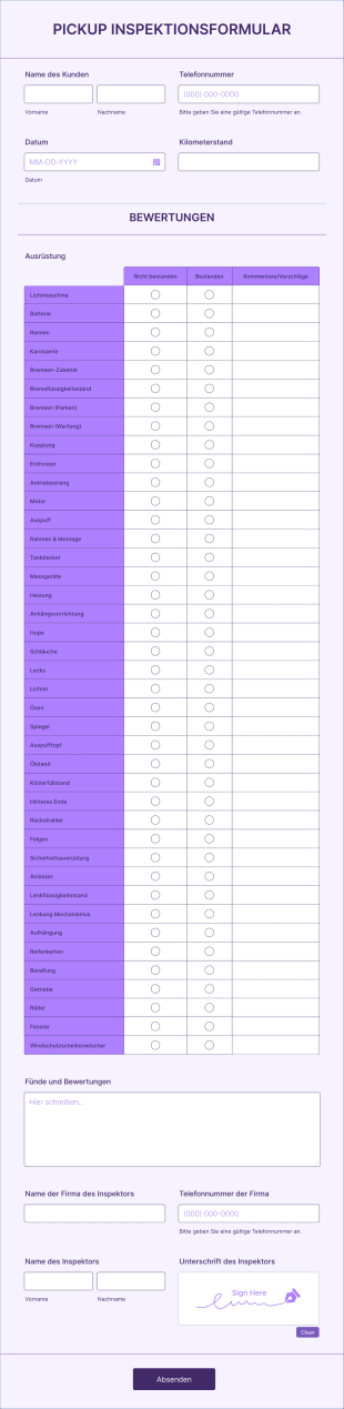 Pickup Inspektionsformular Form Template