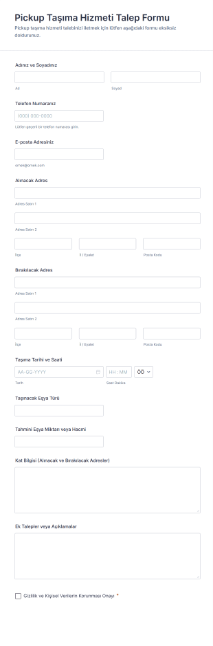 Pickup Taşıma Hizmeti Talep Form Şablonu
