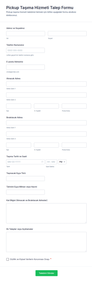 Pickup Taşıma Hizmeti Talep Form Şablonu