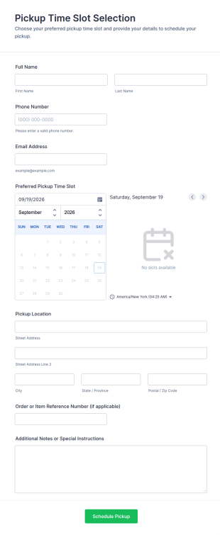 Pickup Time Slot Selection Form Template