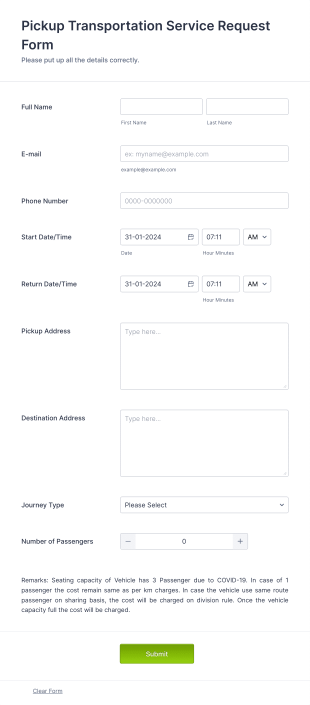 Pickup Transportation Service Request Form Template