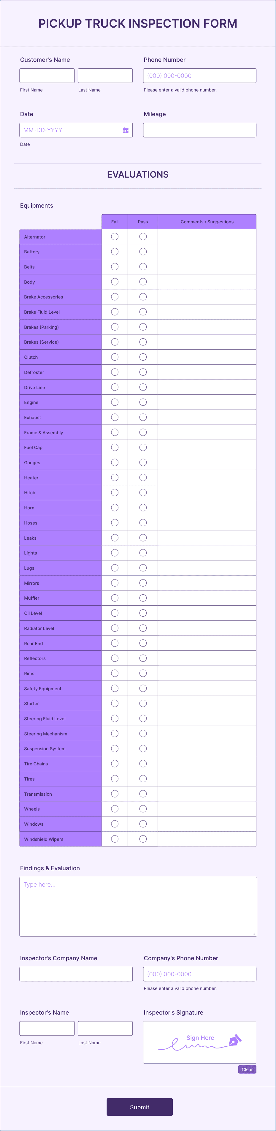 Pickup Truck Inspection Form Template Jotform 9214