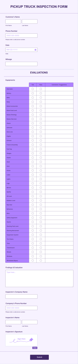 Pickup Truck Inspection Form Template