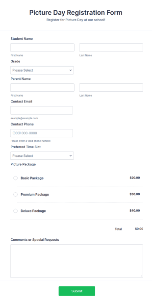 Picture Day Registration Form Template