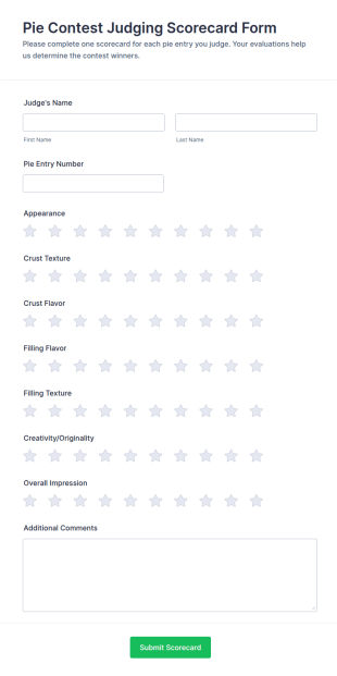 Pie Contest Judging Scorecard Form Template