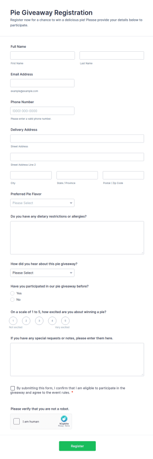 Pie Giveaway Registration Form Template