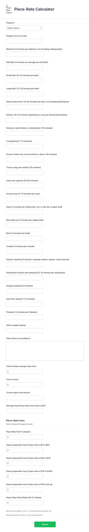Housekeeping Pricing Rate Calculator Form Template