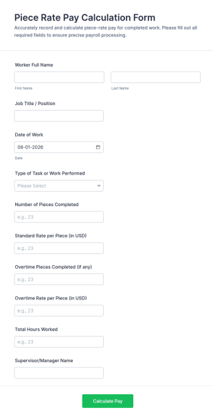 Piece Rate Pay Calculation Form Template