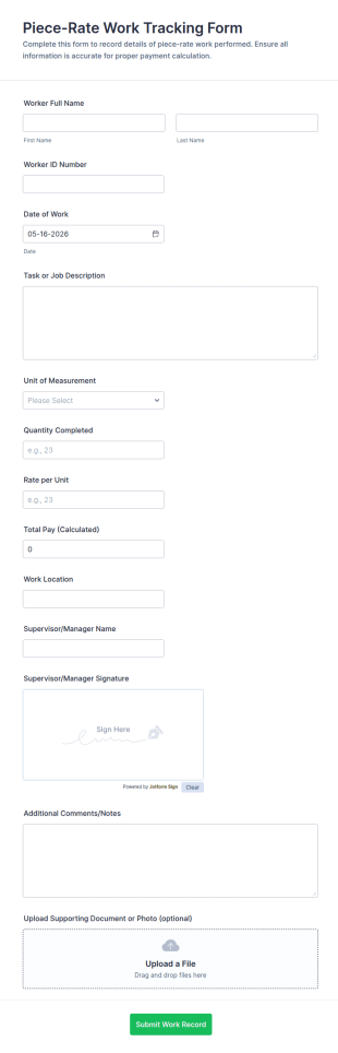 Piece Rate Work Tracking Form Template