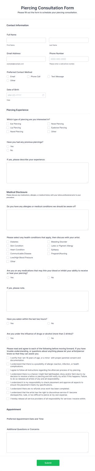 Piercing Consultation Form Template