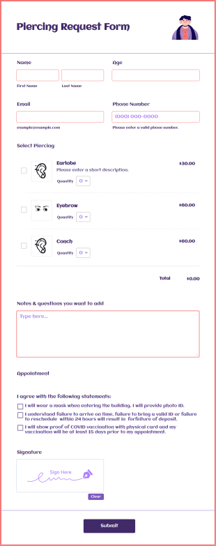 Piercing Request Form Template