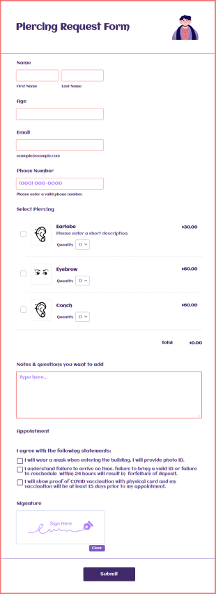 Piercing Request Form Template
