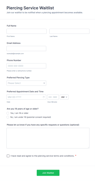 Piercing Service Waitlist Form Template