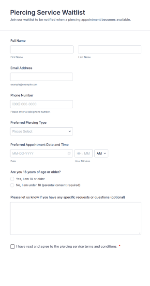 Piercing Service Waitlist Form Template