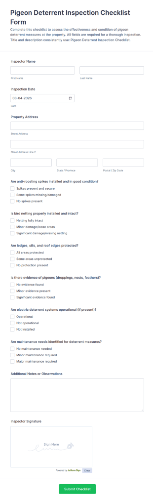 Pigeon Deterrent Inspection Form Template
