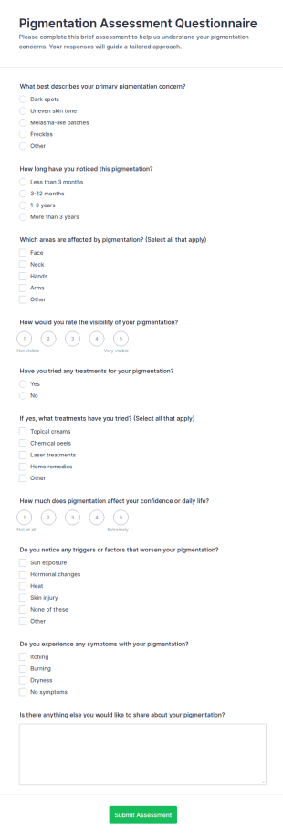 Pigmentation Assessment Questionnaire Form Template