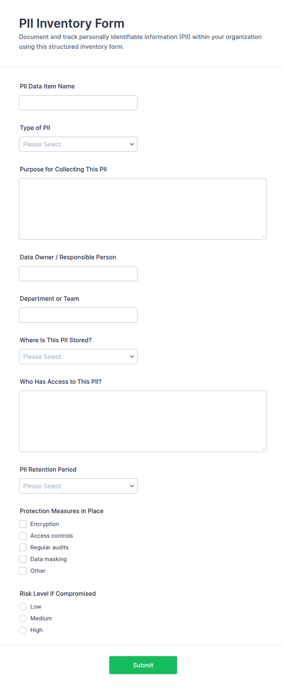 PII Inventory Form Template | Jotform