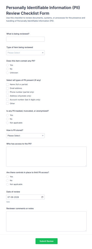 PII Review Checklist Form Template