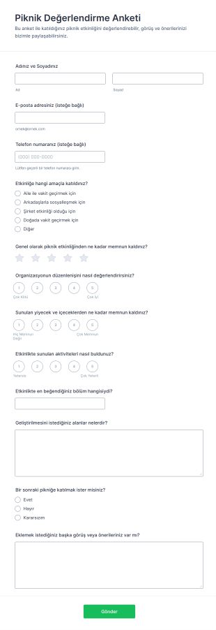 Piknik Değerlendirme Anketi Form Şablonu