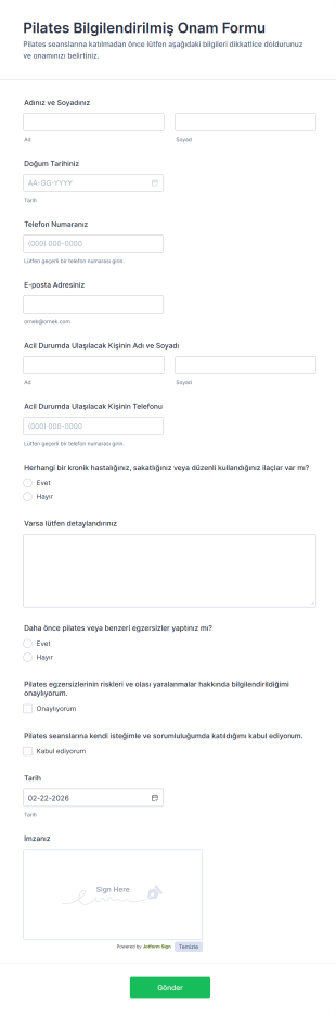 Pilates Bilgilendirilmiş Onam Form Şablonu