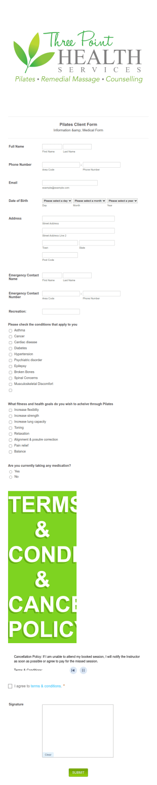 Pilates Client Information Form Template