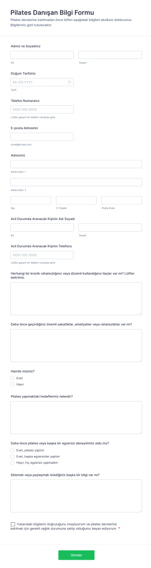 Pilates Danışan Bilgi Form Şablonu