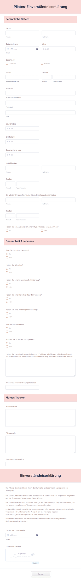 Pilates Einverständniserklärung