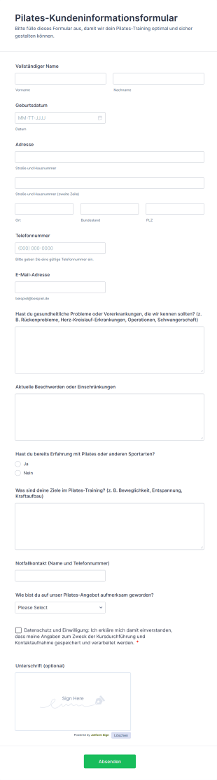 Pilates Kundeninformationsformular